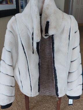 Karl Lagerfeld  Cream Faux Fur Puffer Jacket with Black Trim